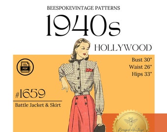 Hollywood 1659 - Bust 30" PDF Pattern - vintage pattern 1940s Battle Jacket and Skirt, WWII dress pattern, Eisenhower Jacket