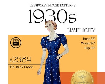 Simplicity 2564 - Bust 36" PDF Pattern - vintage size 18 pattern 1930s Misses' Frock with Tie Back