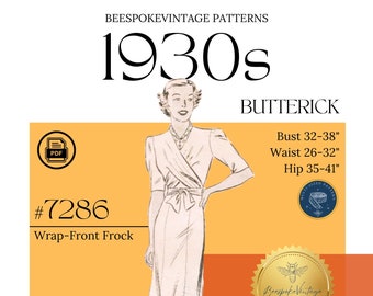 Butterick 7286  - Bust 32-38" MULTISIZED PDF Pattern -  vintage pattern 1930s Dress with Wrap Front