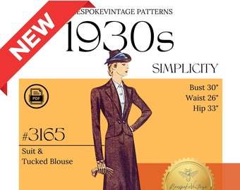 Simplicity 3165 - Bust 30" PDF Pattern - Vintage Size 12 - Late 1930s Misses' Suit and Blouse Pattern