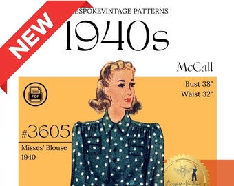 McCall 3605 - Bust 38" PDF Pattern - vintage pattern sz 20 - 1930s/1940s Misses' Blouse