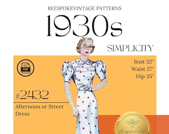 Simplicity 2432 - Bust 32" PDF Pattern - vintage pattern 1930s Puffed Sleeve Tucked Front Bodice