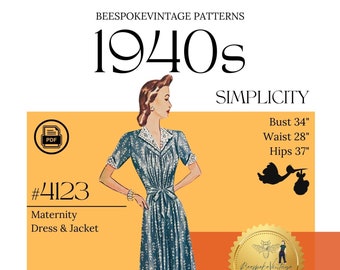 Simplicity 4123 - Bust 34" PDF Pattern - vintage pattern 1940s Maternity Dress and Jacket WWII