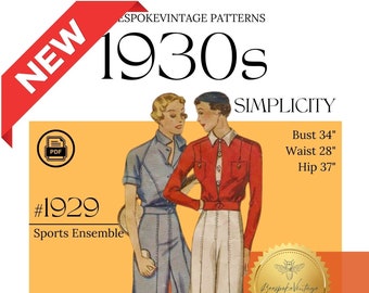 Simplicity 1929 - Bust 34" PDF Pattern - 1930s Vintage sz 16 pattern - Misses' and Women's Blouse, Divided Skirt and Jacket.