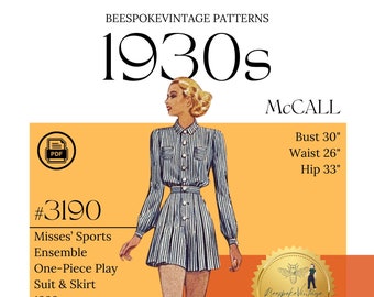 McCall 3190 - Bust 30" PDF Pattern - vintage pattern -  sz 12 - 1930s Misses' Sports Ensemble Playsuit & Skirt 1939