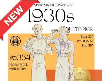 Butterick 6354 - Bust 33" PDF Pattern - vintage pattern 1930s Sun Dress and Belted Jacket.  Agatha Christie