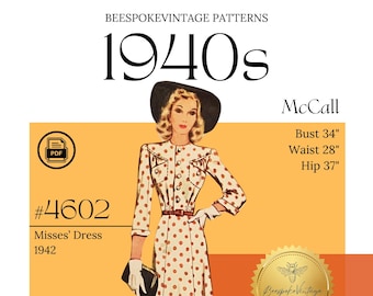 McCall 4602 - Bust 34" PDF Pattern - vintage pattern 1940s WWII Dress with Breast Pockets