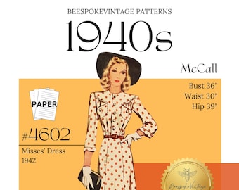 McCall 4602 - Bust 36" PAPER COPY - Reproduction - vintage pattern 1940s WWII Dress with Breast Pockets