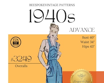 Advance 3249  - Bust 40" PDF Pattern - vintage pattern 1940s WWII Overalls Homefront Rosie the Riveter