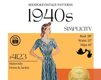 Simplicity 4123 - Bust 38" PDF Pattern - vintage pattern 1940s Maternity Dress and Jacket WWII