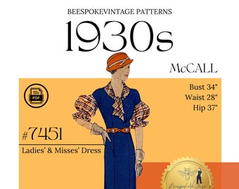 McCall 7451 - Bust 34" PDF Pattern - vintage pattern sz 16  - 1930s Ladies' and Misses' Dress