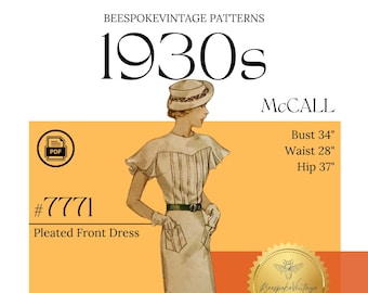 McCall 7771 - Bust 34" PDF Pattern - vintage pattern 1930s Flutter Sleeve Tucked Front Bodice
