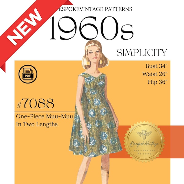 Simplicity 7088  - Bust 38" PDF Pattern - vintage pattern 1960s MuuMuu, Waterfall Dress