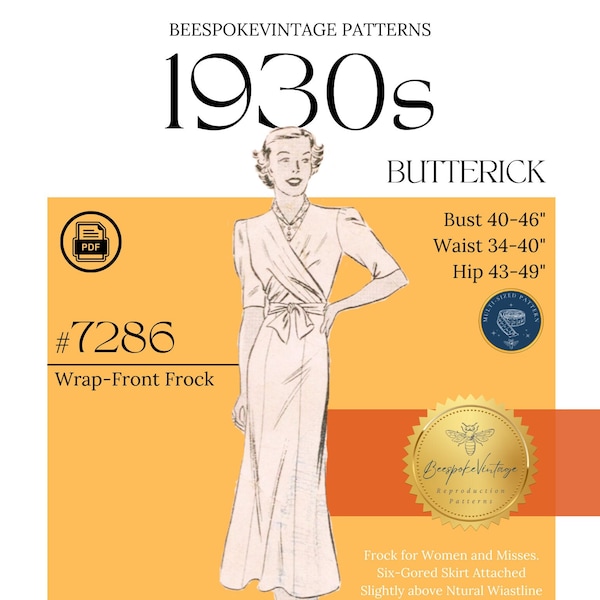 Butterick 7286  - Bust 40-46" MULTISIZED PDF Pattern - vintage pattern 1930s Dress with Wrap Front