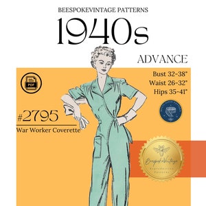 Advance 2795 - Bust 32"-38" MULTISIZED PDF Pattern - vintage pattern 1940s WWII Coverette Overalls Homefront Rosie the Riveter