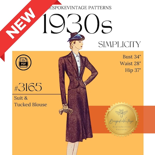Simplicity 3165 - Bust 34" PDF Pattern - Vintage Size 16 - Late 1930s Misses' Suit and Blouse Pattern