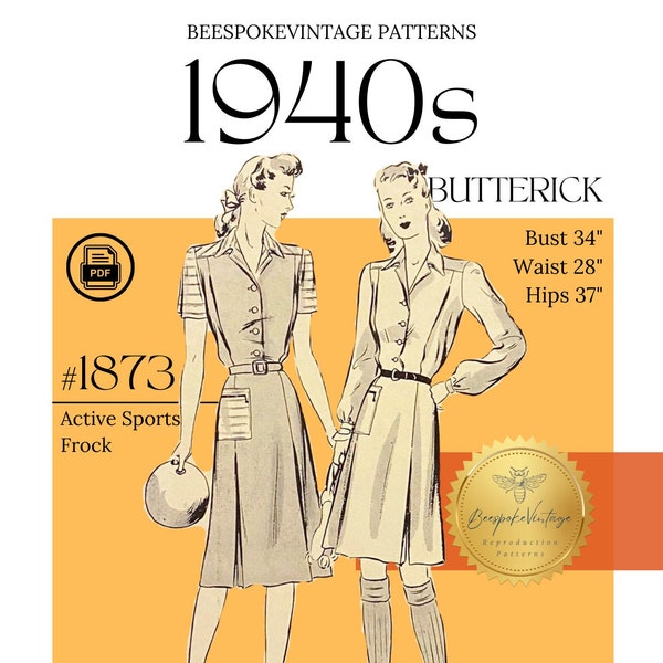 Butterick 1873 - Bust 34" PDF Pattern - vintage pattern 1940s Women's and Misses' Active Sports Frock, Bowling Dress