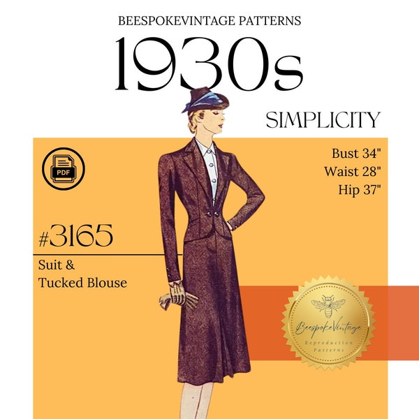 Simplicity 3165 - Bust 34" PDF Pattern - Vintage Size 16 - Late 1930s Misses' Suit and Blouse Pattern