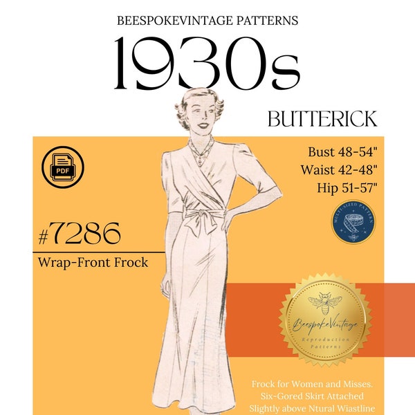 Butterick 7286 - Büste 48-54 "MEHRSIZED PDF Schnittmuster - vintage Schnittmuster 1930er Jahre Kleid mit Wickelfront
