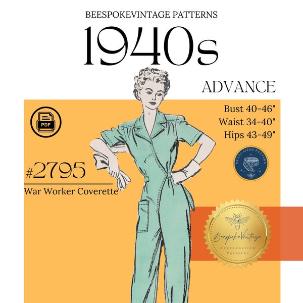 Advance 2795 - Bust 40"- 46" MULTISIZED PDF Patern - vintage pattern 1940s WWII Coverette Overalls Homefront Rosie the Riveter