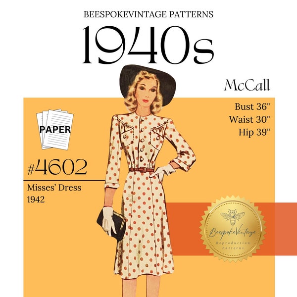 McCall 4602 - Buste 36" PAPIER KOPIE - Reproductie - vintage patroon jaren 1940 WWII Jurk met borstzakken