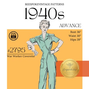 Advance 2795  - Bust 36" PDF Pattern - vintage pattern 1940s WWII Coverette Overalls Homefront Rosie the Riveter
