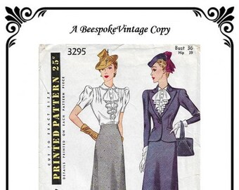 Bust 36" PAPER COPY - Simplicity 3295 - REPRODUCTION - vintage pattern Late 1930s Early 1940s Suit Jacket and Skirt w/ Ruffled Jabot Blouse