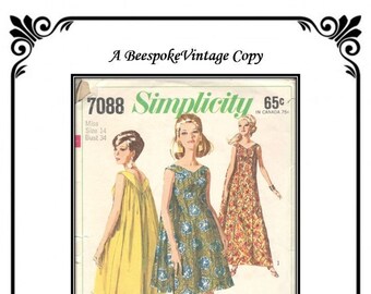 Bust 34" DIGITAL COPY - Simplicity 7088  - Reproduction - vintage pattern 1960s MuuMuu, Waterfall Dress