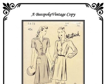 Bust 34" DIGITAL COPY - Butterick 1873 - Reproduction - vintage pattern 1940s Women's and Misses' Active Sports Frock, Bowling Dress