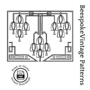 May include: A black and white line drawing of a vintage chandelier design. The design features multiple bell-shaped light fixtures. The words "Bespoke Vintage Patterns" are printed vertically on the right side. A circular graphic with "Print-at-Home" and "Instant Download" text is in the lower left.