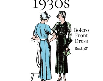 1930s Ladies Dress Sewing Pattern – Bolero Front, 38" Bust (PDF Print at Home) #1551
