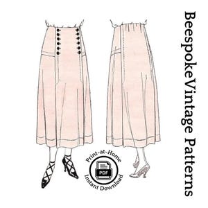 May include: Line drawing illustration of a vintage skirt pattern with a high waist and button detailing. The pattern is available as a printable PDF download. The text "Bespoke Vintage Patterns" is on the right side of the image.