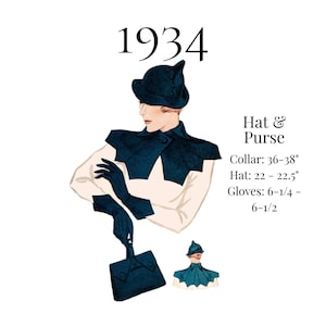 1930s Ladies’ Hat, Gloves, Collar & Purse Ensemble – 1934 Reproduction, PDF Sewing Pattern #1353 (22" Head)