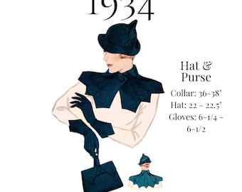 1930s Ladies’ Hat, Gloves, Collar & Purse Ensemble – 1934 Reproduction, PDF Sewing Pattern #1353 (22" Head)