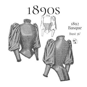 1892 Victoriaans Baskisch dames – reproductie-pdf-patroon # 4898 (buste 36 inch)