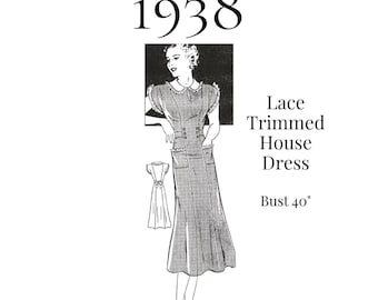 1930s Ladies Lace Trimmed Dress Sewing Pattern – Sash, 40" Bust (PDF Print at Home) #9266