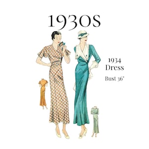 May include: A sewing pattern illustration titled 1930S 1934 Dress Bust 36". One figure wears a plaid dress with short flutter sleeves and a belt. The other figure wears a solid teal dress with a large white collar, long sleeves, and a matching hat.