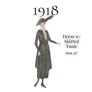 Vestido eduardiano tardío de 1918 con túnica lisa o con falda – Patrón de costura en PDF n.° 7603 (busto: 91 cm)