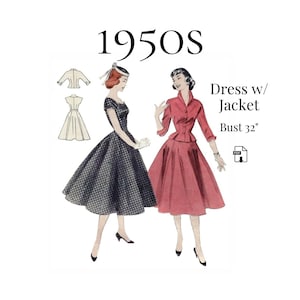 1950s Dress with Jacket – PDF Sewing Pattern #7138 (32" Bust) – Instant Download