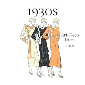 May include: A vintage illustration of three figures wearing long-sleeved dresses with wide collars and belts, labeled 1930s Art-Deco Dress Bust 32 inches. The dresses are depicted in cream, black, and orange, featuring structured necklines and cuffs.