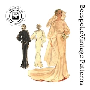 Puede incluir: Patrón de costura vintage para un vestido de novia con una cola larga y un corpiño ajustado. El patrón incluye tres estilos diferentes de vestidos, uno con manga larga, otro con manga corta y otro con un corpiño sin mangas. El patrón está disponible para descargar instantáneamente.