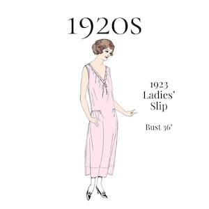 1920-tals damklänning med halsringningsalternativ – 1923 års reproduktion, PDF-sömnadsmönster #1893 (86 cm byst)