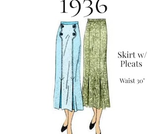 1930s Ladies Skirt Sewing Pattern – Pleats, 30" Waist (PDF Print at Home) #1047