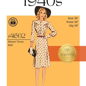 1940s WWII Dress with Breast Pockets - Bust 36&quot; Reproduction Vintage Pattern #4602-36 - PDF - Print At Home