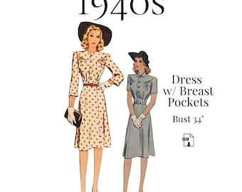 1940s WWII Dress with Breast Pockets – PDF Sewing Pattern #4602 (Bust 34")