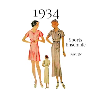 May include: A 1934 Sports Ensemble sewing pattern illustration featuring two figures wearing short-sleeved collared dresses with button details and striped patterns. The text 1934, Sports Ensemble, and Bust 36" are printed on the white background.