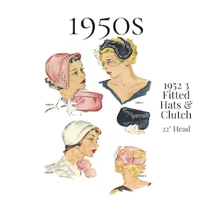 Cappelli e borsa da sera da donna anni '50 – Riproduzione del 1952, modello di cucito PDF n. 1690 (testa da 22")