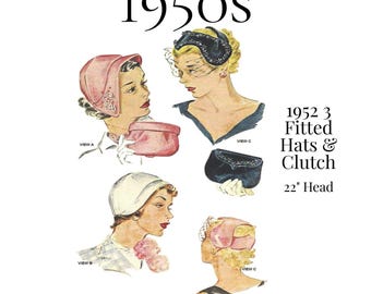 Cappelli e borsetta da sera da donna anni '50 – Riproduzione del modello del 1952, cartamodello PDF n. 1690 (circonferenza testa 56 cm)