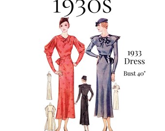 1930s Ladies Dress Sewing Pattern – Cowl Sleeves, 40" Bust (PDF Print at Home) #7562