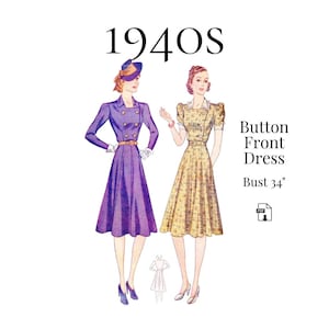 Vestido feminino estilo anos 1940 com botões frontais – Molde de costura em PDF nº 3284 (Busto 34")